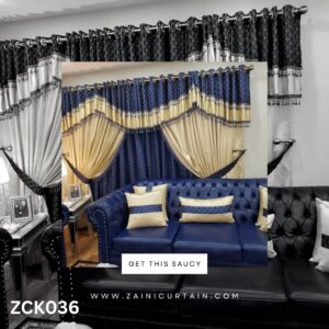 Blue Yellow Pelmet Lace Curtain