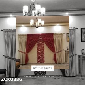 Plain Golden and Red with Long Pettern Curtain Blind