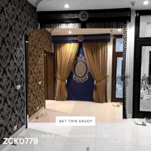 Navyblue and Golden Bunch Curtains & Blind Set