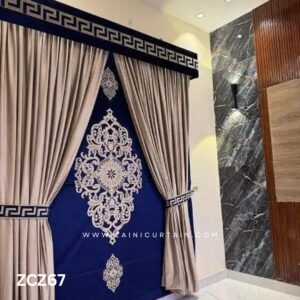 Navy Blue and White Colour Curtains and Blind Set