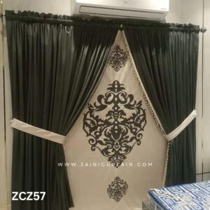 Olive Green and White Colour Curtains and Blind Set