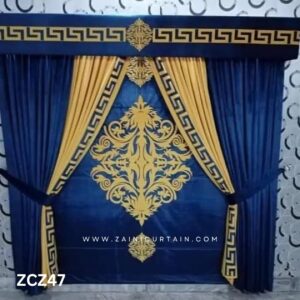 Royal Blue and Golden Colour Curtains and Blind Set