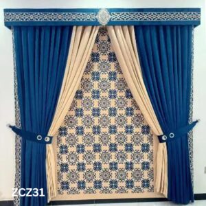 Beige and Blue Colour Curtains and Blind Set
