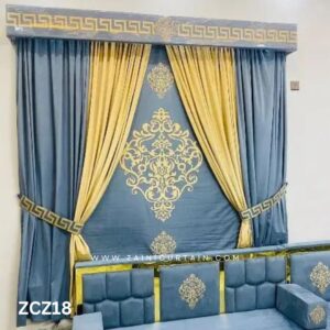 Light Blue and Yellow Colour Curtains and Blind Set