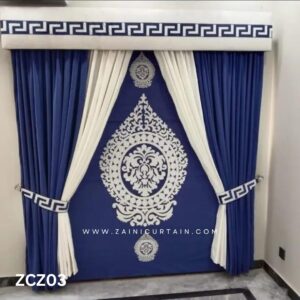 Navy Blue and White Colour Curtain and Blind Set