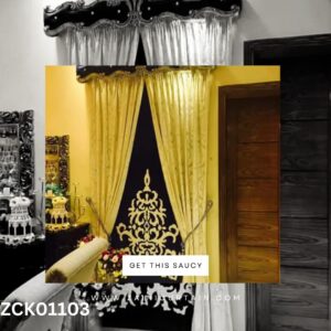 Wavy Header With Printed Cream Curtain & Blue Blind Set