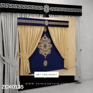 Navy Blue & Skin with Center Bunch Curtains and Blind Set