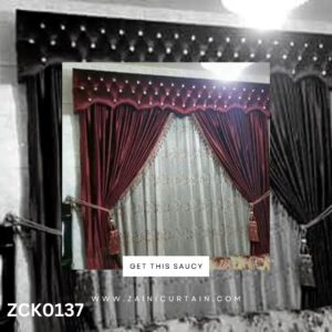 Maroon & White with Center Bunch Curtains and Blind Set