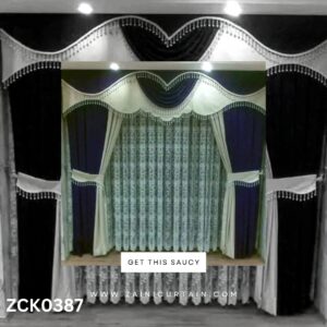 Navy Blue & White Diamond Header with Bunch Curtain Blind