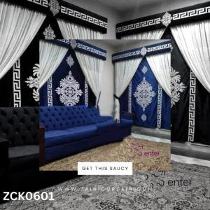 Blue & White Theme Laser Work Curtains and Blind Set