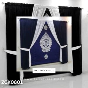 Plain Navy Blue & White with Center bunch Curtains & Blind