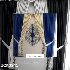 Royal Blue and Cream Color Curtain & Blind Set