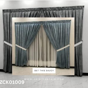 Plain Greyish Velvet & White Shefoon Curtain & Blind Set