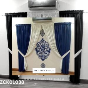 Navy Blue with White Center Bunch Curtain and blind set