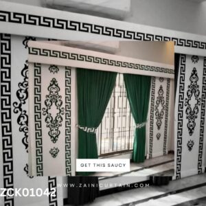 Green & Off White with Side Pillars Design Curtain Blind